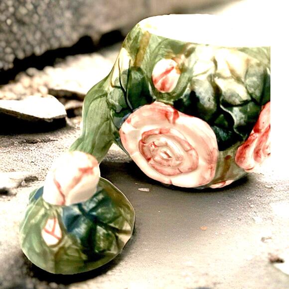 Child’s Miniature Ceramic Green Teapot with Pink Roses and Lid - Picture 4 of 6